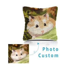 Custom Photo Pet Hamster Latch Hook Pillow Kit, Custom Pet Photos ,DIY Pet Portrait Craft, Children's Day Gift 16.9x16.9 in