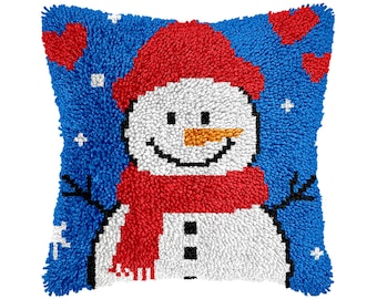 Cartoon Snowman Latch Hook DIY Cushion Cover Kit – Christmas Gift for Friends (16.9 x 16.9 inches)