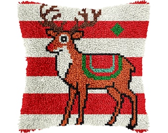 Christmas Reindeer Pattern Latch Hook DIY Cushion Cover Kit – A Christmas Gift for Family (Size: 16.9 x 16.9 inches)