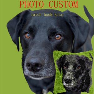 May include: A black Labrador Retriever with brown eyes is shown, with a completed latch hook kit of the same dog. The kit is a green square with the dog's face. Text at the top reads "PHOTO CUSTOM" and "latch hook kits".