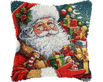 Cartoon Santa Claus Latch Hook DIY Cushion Cover Kit – Christmas Gift for Family (16.9 x 16.9 inches)