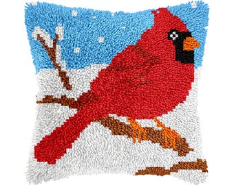 Robin on Tree Latch Hook Cushion Cover DIY Kit – Mother's Day Gift (Size: 16.9 x 16.9 inches)