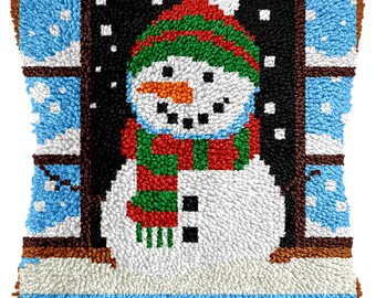 Christmas Snowman Latch Hook Kit DIY Pillowcase Kit - A Christmas Gift for Friends (16.9x16.9)