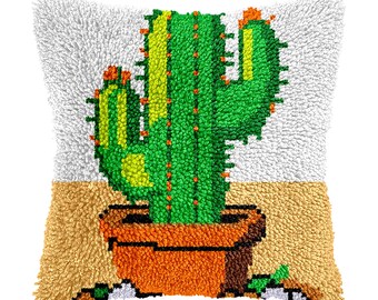 Latch Hook Kit Cactus Pattern Pillowcase Diy pillowcase kits Latch pillowcase Easter gifts for Children Green pillowcase 16.9x16.9 inch