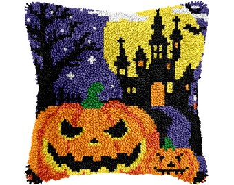 Latch Hooking Kit Halloween pumpkin pattern Pillowcase Diy pillowcase kits, Latch pillowcase Gifts for Children,tapestries 16.9x16.9 in