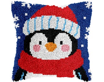 Cartoon Christmas Penguin Latch Hook Cushion Cover DIY Kit – Christmas Gift for Family (Size: 16.9 x 16.9 inches)