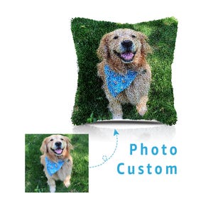 May include: A custom photo cushion featuring a smiling golden retriever dog wearing a blue bandana. The dog is set against a green background, with the words "Photo Custom" in blue text.