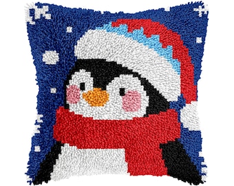 Cartoon Christmas Penguin Latch Hook Cushion Cover DIY Kit – Christmas Gift for Family (Size: 16.9 x 16.9 inches)