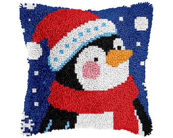 Cartoon Christmas Penguin Latch Hook Cushion Cover DIY Kit – Christmas Gift for Family (Size: 16.9 x 16.9 inches)