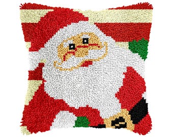 Cartoon Santa Claus Latch Hook DIY Cushion Cover Kit – Christmas Gift for Friends (16.9 x 16.9 inches)
