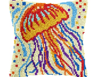Latch Hook Kit Colorful Jellyfish Pattern Pillowcase Diy pillowcase kits, Latch pillowcase Mother's Day gift, 16.9x16.9 in