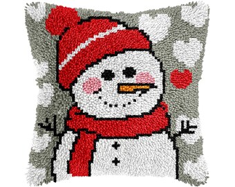 Cartoon Snowman Latch Hook DIY Cushion Cover Kit – Christmas Gift for Friends (16.9 x 16.9 inches)