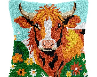 Latch Hook Kit Scottish Highland Bull Pattern Pillowcase Diy pillowcase kits, Latch pillowcase Mother's Day gift, 16.9x16.9 in