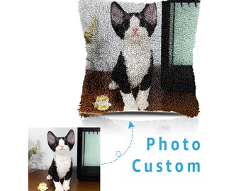 Custom Pet Photo Latch Hook Pillow Kits,DIY Latch Pillow Case Kits,Personalized customization, Beginner Kits ,Father's Day Gift 16.9x16.9 in