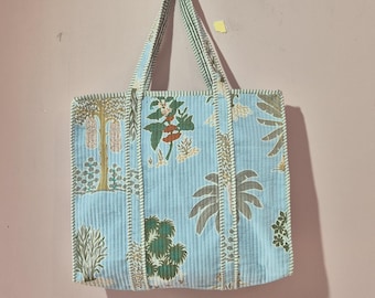 Sky Blue Quilted Tote Bag with Zipper Cotton Handmade Bag