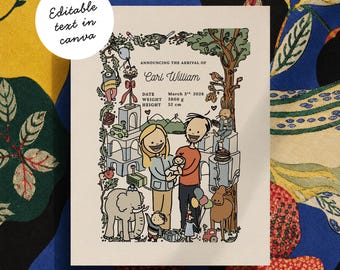 faire-part dessinée à la main de bébé des bois | Faire-part lunatique scandinave (téléchargement numérique)