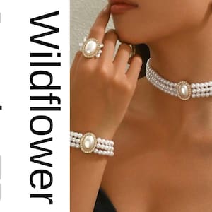 Vintage Perlenchoker-Halskette, mehrreihig, ovaler Verschluss, Brautschmuck-Set