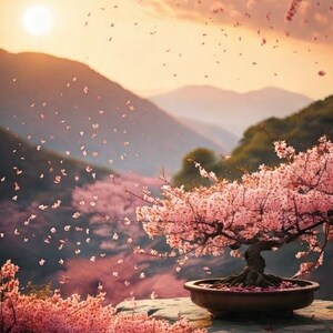 以下が含まれることがあります： 茶色の鉢植えに入ったピンクの花が咲く盆栽の穏やかな風景。背景には山々と夕焼けが広がり、ピンクの花びらが舞い落ち、穏やかなシーンを作り出しています。