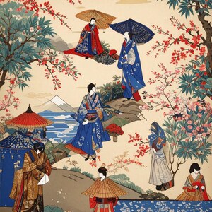 May include: An artistic print depicting several figures in traditional Japanese attire, set against a backdrop of cherry blossoms, mountains, and water. The figures are adorned in vibrant kimonos and carry parasols, with a color palette of red, blue, gold, and cream.