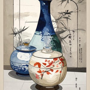 以下が含まれることがあります： 3つの陶器を描いた水彩画。 金色の縁取りのある背の高い青い花瓶が、2つの小さな蓋付きの瓶の後ろに立っています。 1つの瓶は白のデザインの青色で、もう1つは赤い花のアクセントが付いた白色です。 背景には竹と日本語のテキストがあります。