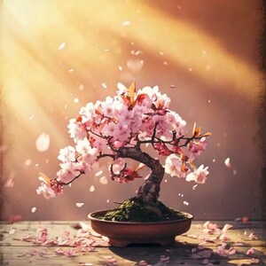 以下が含まれることがあります： ピンクの花と落ちる花びらのある盆栽が、木製の表面の茶色の鉢にあります。木の枝には繊細なピンクの花が飾られており、背景は光線のある暖かく金色の色合いです。