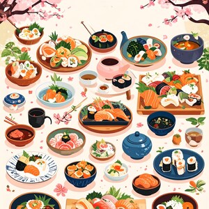 May include: An illustration of various Japanese sushi dishes, including nigiri, maki rolls, and sashimi, arranged on plates and bowls. The image features a variety of colors and textures, with a background of pink cherry blossoms.