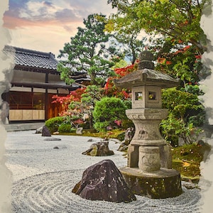 Japanese Zen Garden Wall Art, Stone Lantern Karesansui Print, Traditional Kyoto Garden Digital Download, Japan Rock Garden Art A2