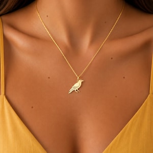 Pode incluir: Um colar de tom dourado com uma corrente delicada e um pequeno pingente plano em forma de pássaro, especificamente um corvo de perfil. O pingente apresenta detalhes gravados nas asas e no corpo, suspenso por uma corrente metálica fina.