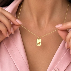 May include: A gold-colored necklace featuring a rectangular pendant with a lion illustration. The pendant hangs from a delicate chain. The necklace is displayed against a pink background.