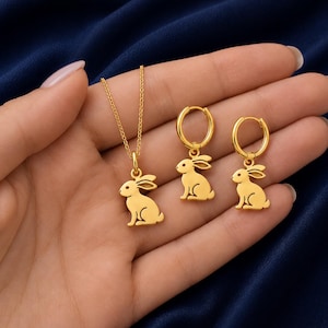 Minimal Bunny Necklace and Earrings Set, Rabbit Jewelry Set, Cute Bunny Pendant Necklace, Rabbit Earrings, 18K Gold Bunny Necklace Errings