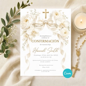May include: A white invitation card with gold text and floral accents. The card features a gold cross, a large bow, and the words "CONFIRMACIÓN" and "Hannah Smith." A rosary and a lit candle are in the background.