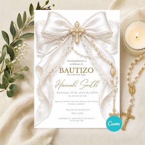 May include: A white baptism invitation card featuring a large satin bow, lace trim, and a pearl-encrusted cross. The text reads: Acompáñanos a celebrar el BAUTIZO de nuestra hija, Hannah Smith, Domingo, 15 de abril de 20XX, ALAS 10:30 AM.
