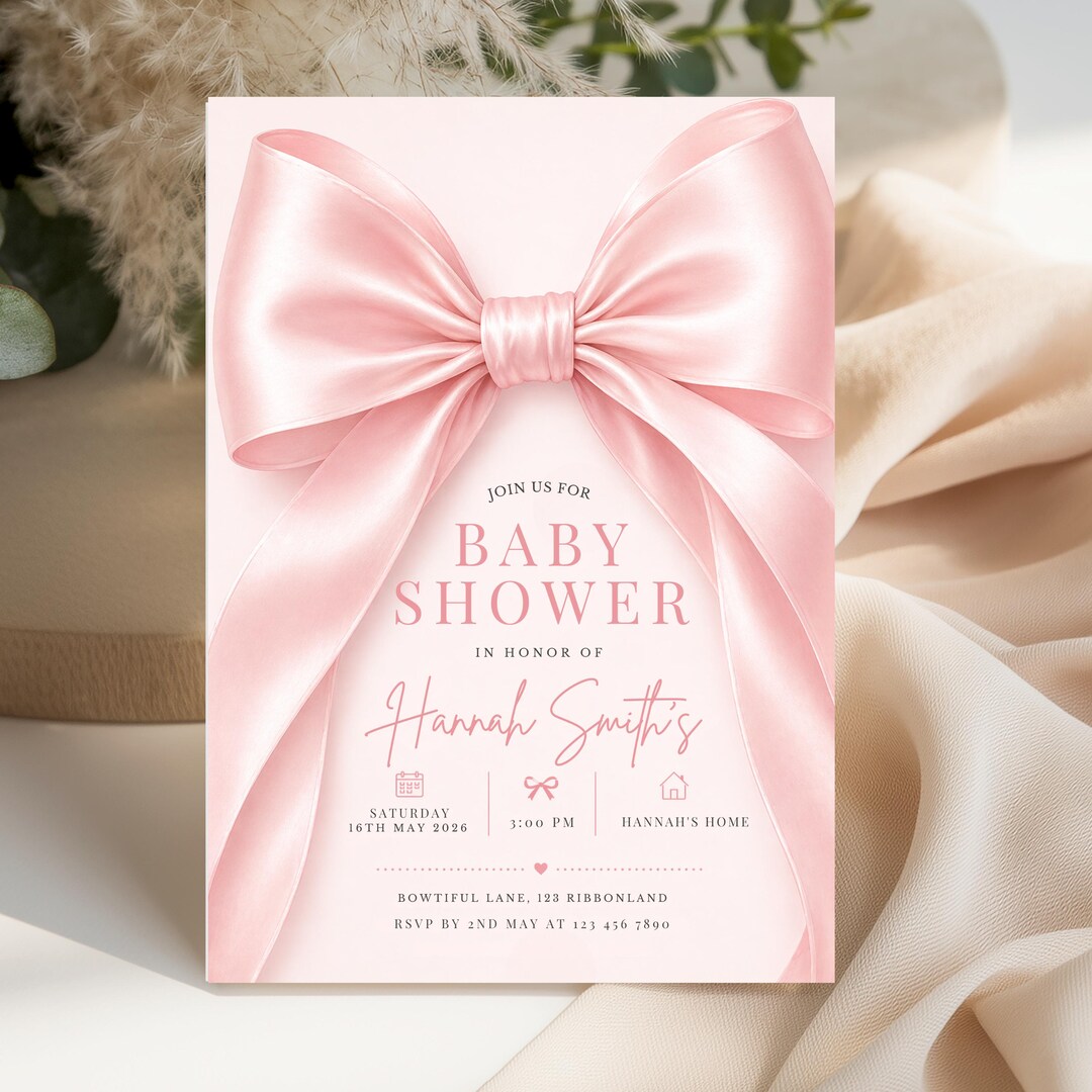 Blush Pink Bow Baby Shower Invitation Template Baby Girl Shower Canva ...