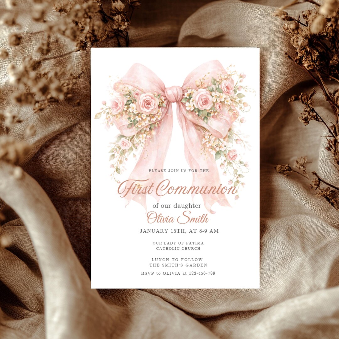 Pink Bow First Holy Communion Invitation Template Watercolor Floral ...