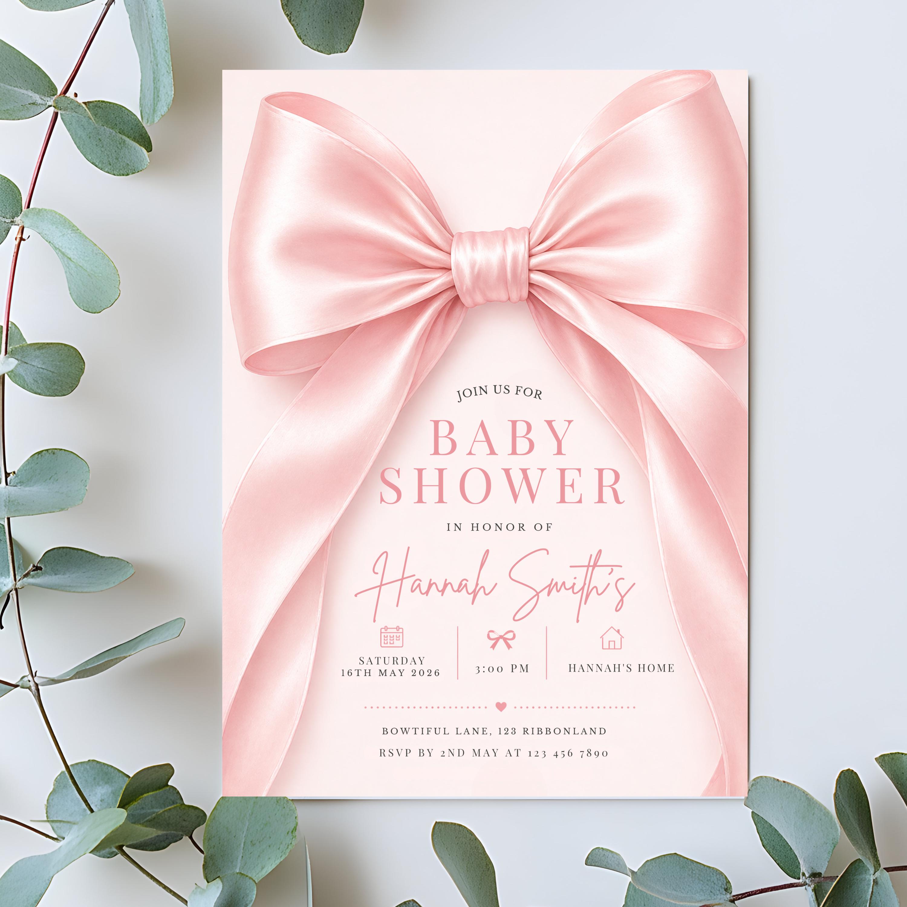 Blush Pink Bow Baby Shower Invitation Template Baby Girl Shower Canva ...