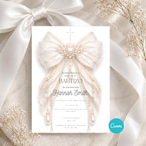 May include: Baptism invitation card in white, featuring a large bow and pearl embellishments. The card displays the word "Bautizo" and the name "Hannah Smith". The design includes a cross and decorative elements.