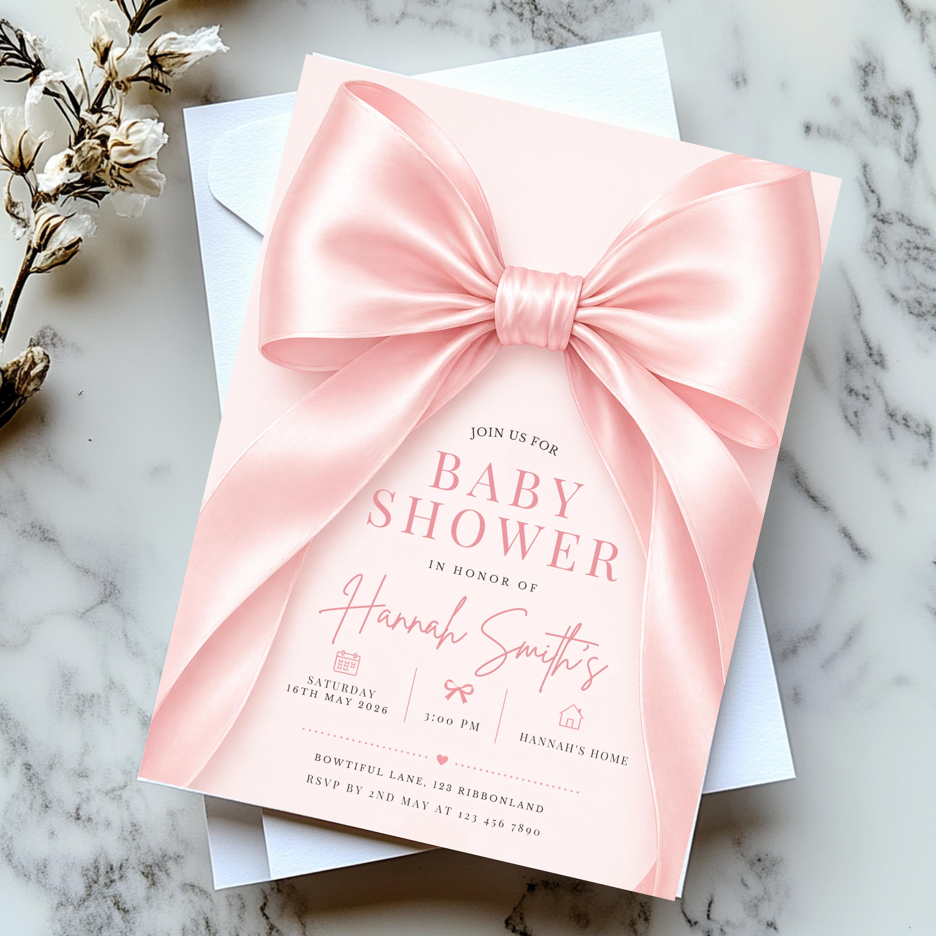 Blush Pink Bow Baby Shower Invitation Template Baby Girl Shower Canva ...