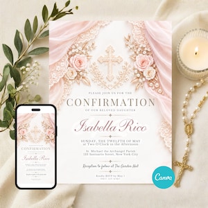 Può includere: Un invito per la cresima con una croce centrale, rose rosa e dettagli in pizzo. Il testo recita: Please join us for the confirmation of our beloved daughter, Isabella Rico, Sunday, the twelfth of May at two o'clock in the afternoon.