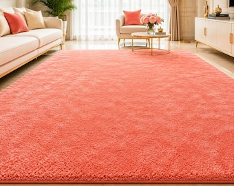 Solid Coral Peach Hand Tufted Rug, Premium Wool Area Rug for Bedroom, Minimalist Living Room Carpet