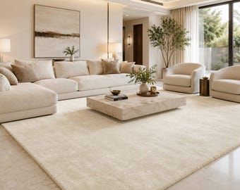 May include: A large, rectangular, solid cream-colored area rug with a soft, plush texture covering the floor in a living room. The rug features a uniform, neutral tone that extends across the space, providing a clean and consistent foundation.