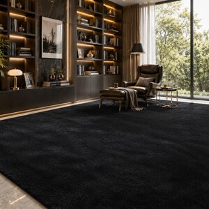 May include: A large, solid black area rug with a dense, soft-textured pile. The rectangular rug features a uniform dark color and covers a significant portion of the floor, providing a deep, matte surface that contrasts with the light marble flooring.