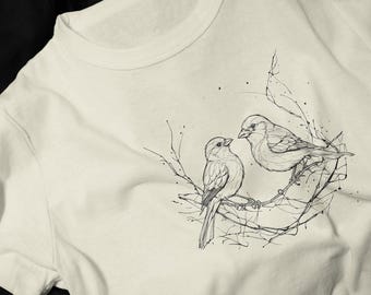 Sketch Two Birds on Branch T-Shirt | Minimal Bird Line Art