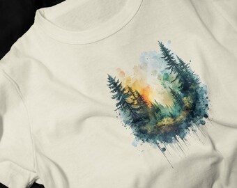 Watercolor Forest Sunrise T-Shirt | Mountain Trees Nature Landscape