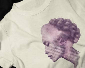 Vintage Halftone Portrait T-Shirt | Abstract Female Silhouette, Pink Gradient