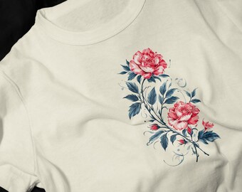 Vintage Pink Roses T-Shirt | Botanical Floral Tee, Dark Bloom Design