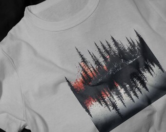 Red and Black Forest Reflection T-Shirt | Night Lake Tree Silhouette
