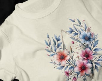 Pastel Floral Wreath T-Shirt | Pink Blue Flowers, Geometric Triangle