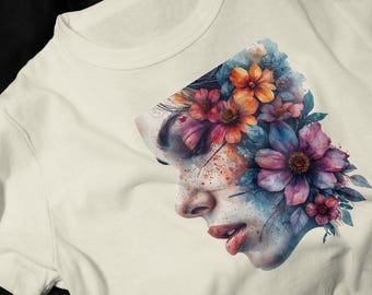 Floral Face Portrait T-Shirt | Colorful Flower Profile Artwork