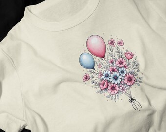 Pink and Blue Balloons with Floral Bouquet T-Shirt | Pastel Flower Tee