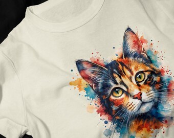 Colorful Watercolor Cat Portrait T-Shirt | Calico Kitten Art Tee